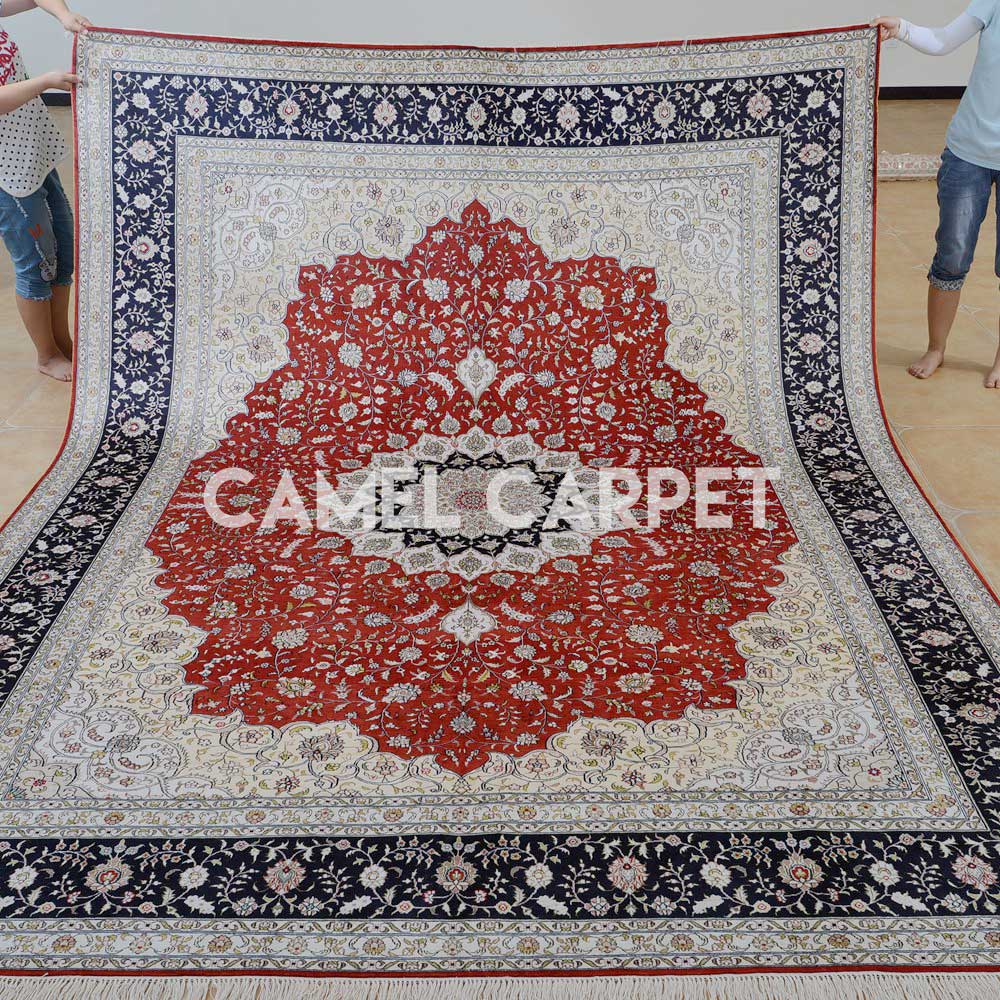 Persian Pure Silk Large Red and Black Rug